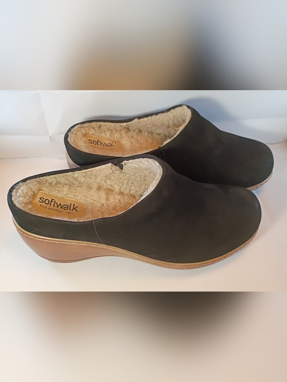 SoftWalk Black Faux-Shearling Slip-On Mule with Brown Wedge